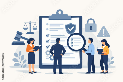Business People Reviewing Corporate Rules and Policies Flat Vector Illustration. Compliance, Legal Regulations, Auditing, and Quality Control with Gavel, Scales of Justice, and Magnifying Glass.