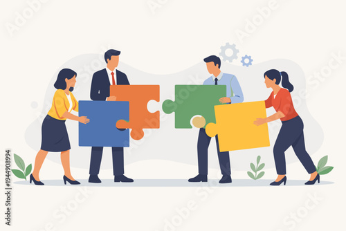 Business People Corporate Team Connecting Large Puzzle Pieces Together. Flat Vector Illustration of Professional Men and Women Collaborating on Strategy, Problem Solving, and Partnership Concept.