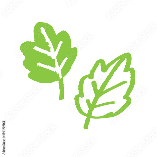 クレヨン風の手描き葉っぱイラストセット、ゆるい落書きスケッチの植物素材でナチュラルな自然デザインに使えるシンプルなリーフ