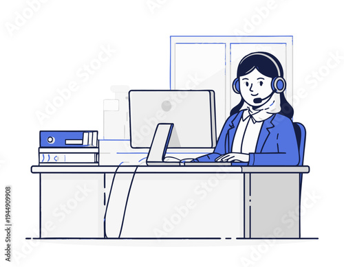 flat vector illustration of customer service representative answering phone with headset