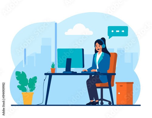 flat vector illustration of friendly customer service representative wearing headset