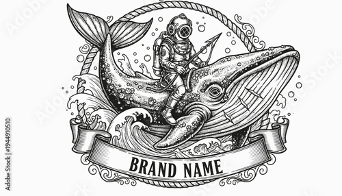 Vintage Diver Riding Whale Illustration for Brand Name.