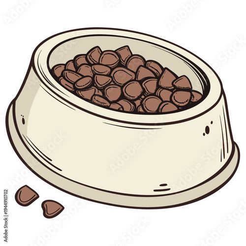 Cartoon dog food bowl filled with brown kibble on white background pet food