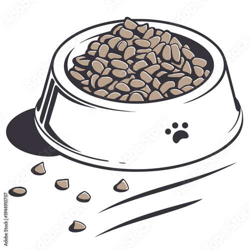 Cartoon dog food bowl with paw print and shadow on white background pet food