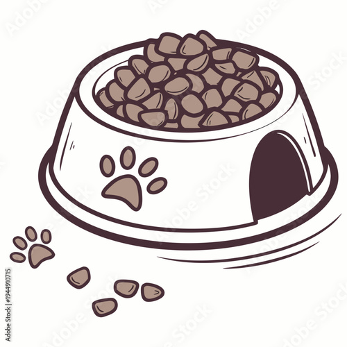 Cartoon dog food bowl with paw print on white background pet food