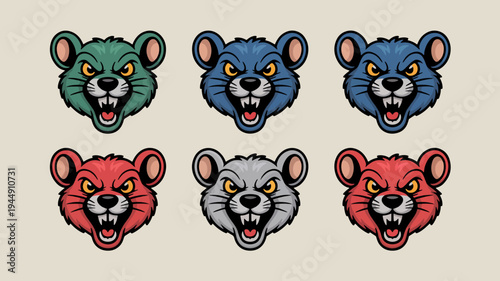 Colorful cartoon bear heads with aggressive expressions various colors graphic icons emotive faces