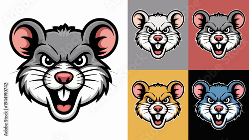 Cartoon angry mouse faces in different colors and backgrounds emotive expressions