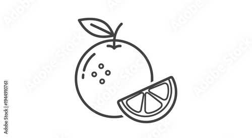 Simple vector line art illustration of a fresh whole orange fruit with a leafy stem and a juicy wedge slice design.