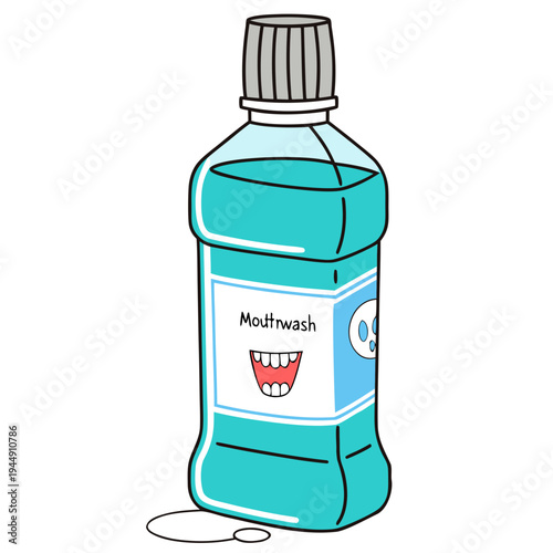 Cartoon of a teal mouthwash bottle with a gray cap