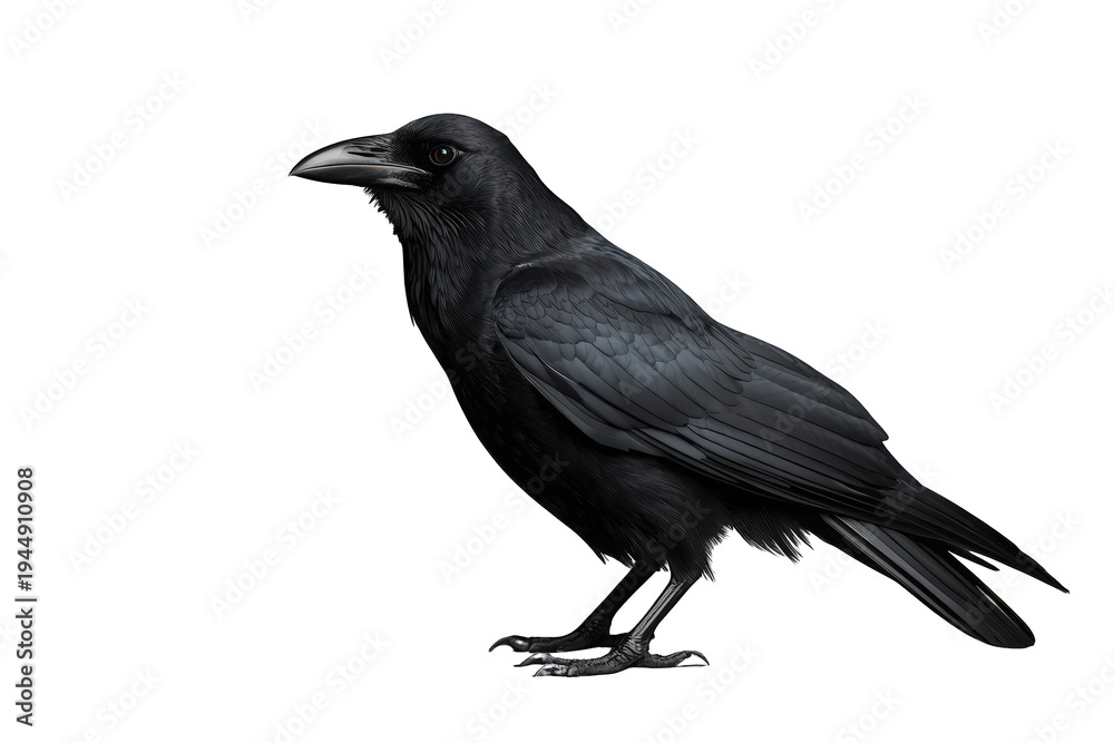 Obraz premium Black crow bird watching left, representing intelligence, mystery, and wisdom, featuring iridescent feathers