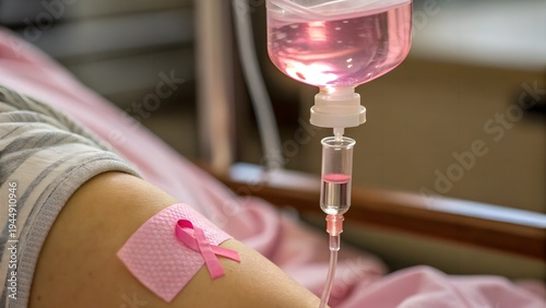 Close-up of chemotherapy IV drip with gentle pink light reflection symbolizing hope and healing. Clean clinical image ideal for oncology awareness and healthcare marketing.