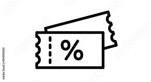 Simple black outline vector graphic illustration depicting two overlapping perforated discount coupons featuring a percentage symbol