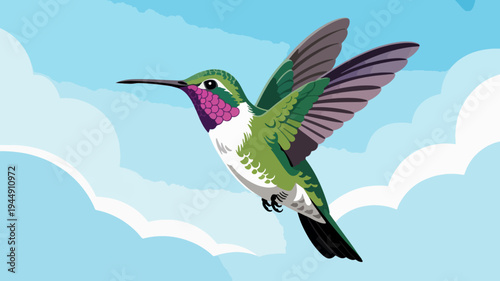 Hummingbird in flight against blue sky with white clouds green and purple feathers wildlife illustration