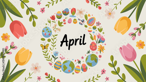 Colorful easter egg wreath with tulips and flowers on cream background for april spring celebration