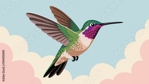 Vibrant hummingbird in flight against soft pink clouds and blue sky with green feathers