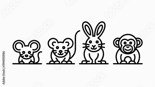 Friendly cartoon animals line up smiling mouse rat rabbit and monkey in a row simple black outline on white background cute and playful illustration for kids or children's book