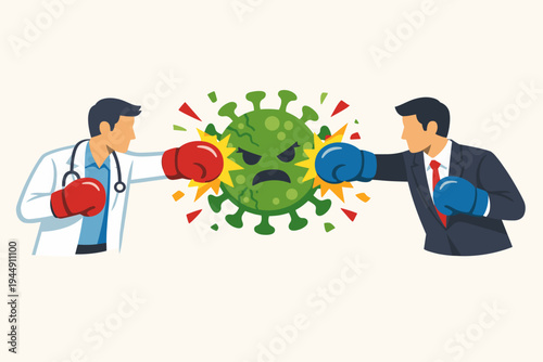 Flat vector illustration of a doctor and a businessman wearing boxing gloves punching a green coronavirus molecule, symbolizing the joint effort of healthcare and business to fight the pandemic.