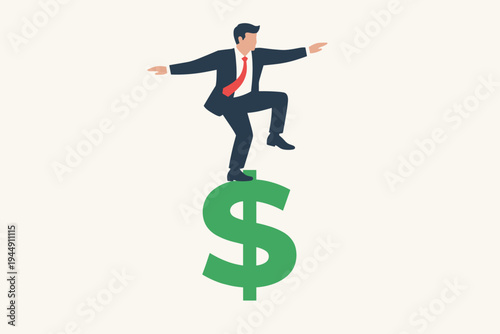 Businessman in a suit balancing on a large green dollar sign, representing financial stability, risk management, economic balance, and money management in a simple flat vector illustration style.