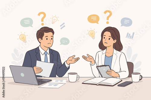 Vector Illustration of a Professional Businessman and Businesswoman Having a Productive Meeting, Discussing Ideas, and Asking Questions with Light Bulbs and Speech Bubbles in a Simple Flat Style