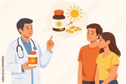 Male doctor in white coat advising a young couple on Vitamin D supplements, holding a pill bottle with sun symbol, flat vector illustration for medical consultation, health, and wellness advice.