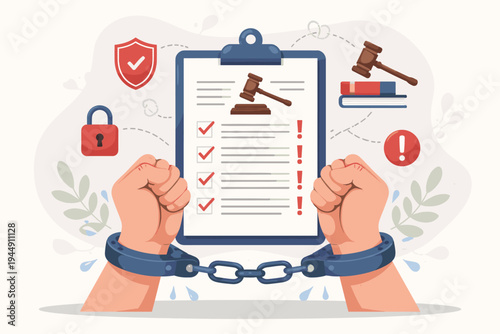 Flat Vector Illustration of Handcuffed Hands Representing Strict Regulations, Legal Restrictions, and Law Enforcement Policy with Clipboard, Gavel, Lock, and Justice Symbols for Compliance.