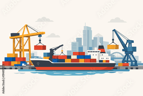 Flat vector illustration of a large cargo ship being loaded with colorful containers at a busy industrial city port with giant cranes, transport trucks, and a modern urban skyline background.