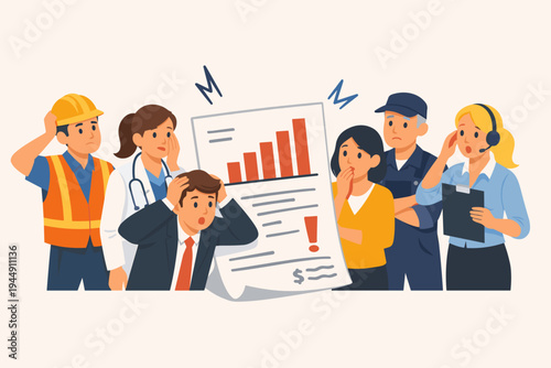 Diverse Group of Professionals Including a Doctor, Construction Worker, and Businessman Looking Shocked and Stressed at a High Tax Bill, Rising Inflation, or Increasing Cost of Living Report.