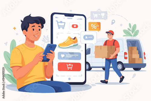 Flat vector illustration of a man shopping online with a mobile app, browsing footwear on a smartphone screen, and a delivery courier carrying a cardboard box from a white van in the background.