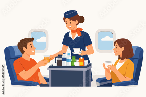 Vector illustration of a friendly female flight attendant in a blue uniform serving drinks and coffee from a trolley to happy male and female passengers on a commercial airplane flight.