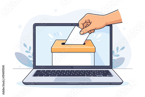 Flat vector illustration of a hand inserting a paper ballot into a ballot box on a laptop screen, representing online voting, digital democracy, electronic elections, and internet participation.
