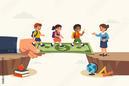 Vector illustration of a businessman hand holding a dollar bill as a bridge for diverse children to reach their teacher, symbolizing investment in primary education and school funding support.