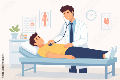 Vector illustration of a male doctor in a white coat using a stethoscope to examine a young man patient lying on a medical bed in a clinic office with medical posters and a clock on the wall.