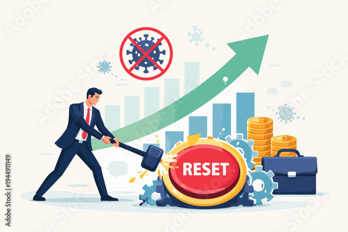 Businessman Hitting Reset Button with Hammer to Restart Economy After COVID-19 Lockdown, Featuring Rising Growth Arrow, Bar Chart, Gold Coins, and Gears for Financial Recovery Concept Vector