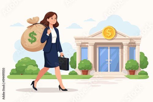 Successful Professional Businesswoman in a Suit Carrying a Large Sack of Money and a Briefcase Walking Towards a Bank Building for a Deposit, Investment, or Loan, Flat Vector Illustration Concept