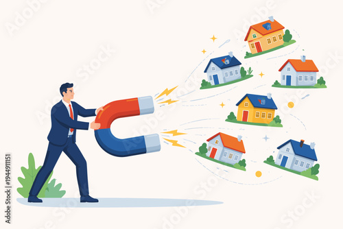Professional businessman holding a giant magnet to attract houses, representing real estate marketing, property investment, lead generation, sales strategy, and housing market success.
