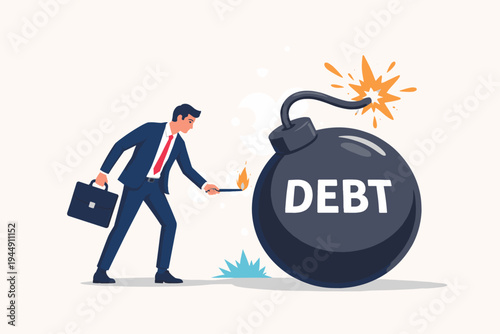 Businessman in a professional suit lighting the fuse of a massive bomb labeled debt, symbolizing financial risk, economic crisis, bankruptcy, corporate debt, and dangerous money management.