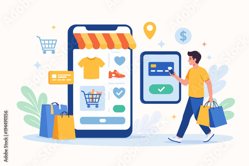 Online shopping and digital payment concept vector illustration with a man using a mobile app on a smartphone to buy clothes and shoes, carrying shopping bags and paying with a credit card.