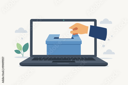 Flat vector illustration of a hand putting a paper ballot into a blue ballot box on a laptop screen, representing online voting, digital democracy, electronic elections, and internet polling.