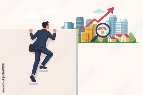 Vector Illustration of a Determined Businessman Climbing a Wall to Discover Real Estate Investment Opportunities, Financial Success, Market Growth, and Wealth in a Modern City Environment.