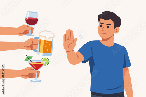 Man Rejecting Alcohol Illustration, Young Man Making Stop Gesture to Refuse Wine Beer and Cocktail Drinks Offered by Hands, Sobriety Concept, Healthy Lifestyle Choice, Alcoholism Prevention, Vector