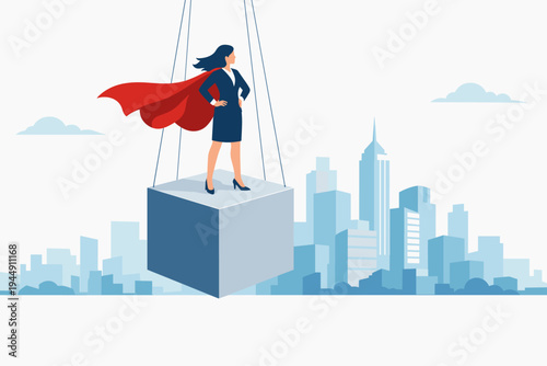 Confident businesswoman in a suit and red superhero cape standing on a suspended cube high above a city skyline, symbolizing leadership, success, empowerment, and visionary corporate strength.