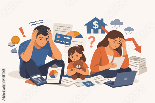 Stressed young family feeling frustrated by mortgage and financial bills with father, mother, and child surrounded by debt symbols, calculator, and documents in a simple flat vector illustration