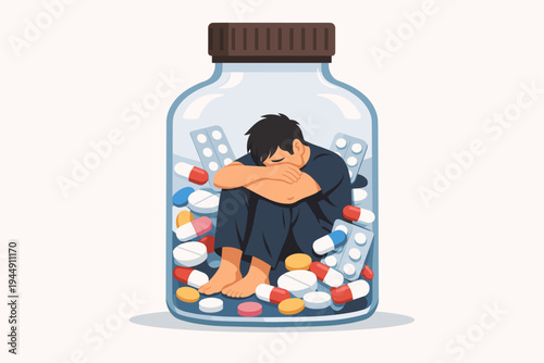 Depressed man sitting inside a large medicine bottle filled with pills and capsules, symbolizing mental health struggles, pharmaceutical dependency, addiction, sadness, and feeling trapped.