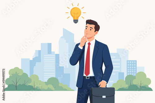 Thinking Businessman in Suit with Glowing Lightbulb Idea Over Head Standing on Cityscape Background with Skyscrapers and Trees, Concept of Innovation, Success, Career and Creative Problem Solving.
