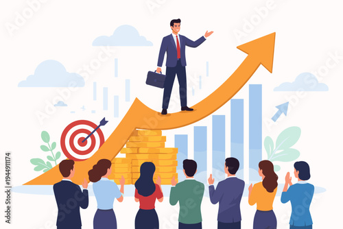 Successful businessman leader standing on top of a rising financial growth arrow graph giving a motivational speech to a clapping team of employees, business achievement and goal success concept.