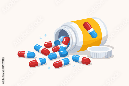 Vector Illustration of Antibiotic Capsules Spilling Out of a Medicine Bottle, Simple Flat Design for Healthcare and Pharmacy Concepts, Red and Blue Medical Pills Scattered on White Background.