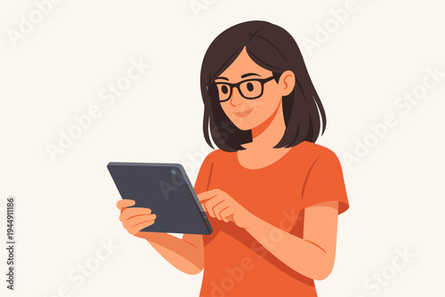 Simple flat vector illustration of a young woman with dark hair and glasses wearing an orange t-shirt while using a digital tablet computer. Female character browsing, working, or studying online.