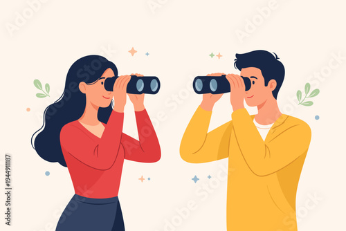 Minimalist flat vector illustration of a woman and man looking at each other through binoculars, representing discovery, searching for opportunities, vision, curiosity, and future business goals.