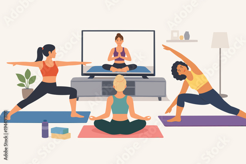 Group of fit women practicing yoga together at home following an online fitness instructor on a large TV screen, diverse female characters doing various yoga poses on mats in a cozy living room.