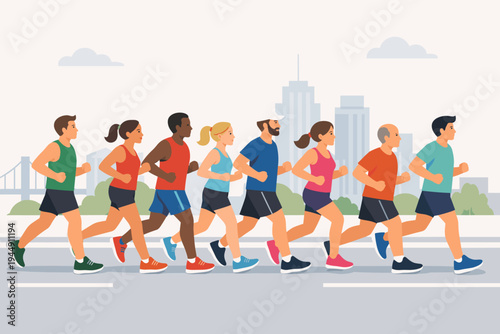 Diverse Group of Men and Women Running a Marathon on a City Street, Flat Vector Illustration of People Jogging Together for Fitness and Health with a Modern Cityscape Background and Skyscrapers